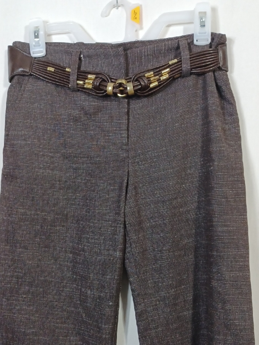 Byer California Brown Textured Dress Trousers with Decorative Gold-Accent Belt